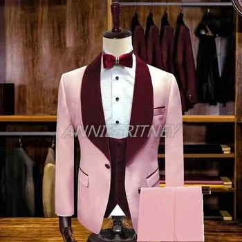 Moda Düğün Takım Elbise Erkekler İçin Pembe Kadife Yaka Slim Fit 3 Adet(Blazer+Pantolon+Yelek) custom Made Resmi En Iyi Erkek Parti Smokin Seti