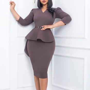 Zarif Ofis Bayanlar Bodycon Elbiseler 2023 Yeni Trend Üç Çeyrek Kollu V Boyun Paket Kalça Orta Buzağı Moda İş Şık Sıcak