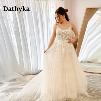 Dathyka Muhteşem Aplikler gelinlik Gelin V Yaka Spagetti Sapanlar A-line düğün elbisesi Abito Da Sposa Müşteri Yapımı