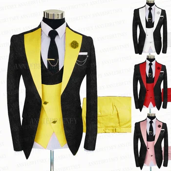 2023 Jakarlı Siyah Erkek Takım Elbise 3 Adet Resmi Slim Fit Moda Blazer En İyi Adam Damat Düğün Smokin Ceket Sarı Yelek pantolon seti