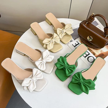 2023 Yaz Kare Topuklu Terlik Kadın Katır Yeşil Kelebek düğüm Slaytlar Sandalet Ayakkabı Kadın Artı Büyük Boy 45