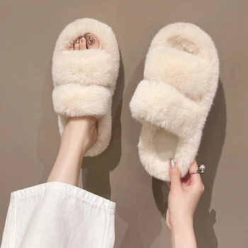 Moda High End Lüks Kürk Kadın Kürklü Ayakkabı Takozlar Artı Boyutu 35-42 Yüksek Topuk Sonbahar Kış Kapalı Rahat Sıcak Kürklü Terlik
