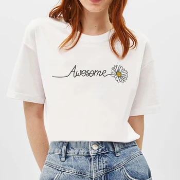 BLINGPWA T Shirt Kadın %100 % pamuklu tişört Harika Papatya Çiçek Baskı Tops & Tees Moda kadın T Shirt yaz artı boyutu