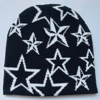 Şapka Kap Örme Kazak Yün Şapka Kapaklar Yıldız Baskılı Sıcak Şapka Hip-Hop Bere Sokak Punk Kış Örme Kap Y2K Gotik Unisex