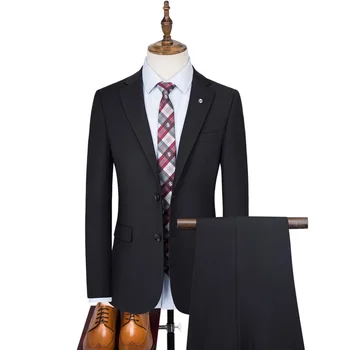 (Ceket + Pantolon + Yelek ) temel Tarzı erkek Rahat Katı 2/3 Adet Takım Elbise Erkek Düğme Blazers Jacker Ceket Pantolon Yelek