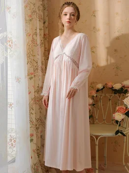 Kadın Gecelik Pamuk bahar uzun kollu elbise V Yaka Vintage Prenses Victoria Gecelikler Tatlı Dantel Peri Pijama Göğüs Pedleri ile