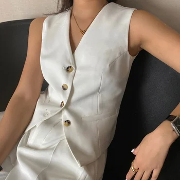 Kadın Takım Elbise Yelek Ceket Naylon Karışımlı V Boyun Katı Siyah Beyaz Sıralama Yelek Slim-Fittin Rahat Yelek Kot 2021