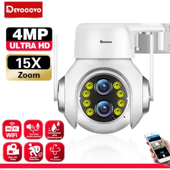 4MP Wifi PTZ IP Kamera 15X Zoom Açık Çift Lens 2K Kablosuz 2 Yönlü Ses CCTV Güvenlik Gözetim Kamera Renkli Gece Görüş