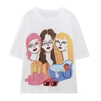 Jenny & Dave Yuvarlak Boyun Rahat Kısa Kollu yazlık t-Shirt Bayanlar Yüksek Sokak Moda Karikatür Kız Baskılı Saf pamuklu bluz Kadın