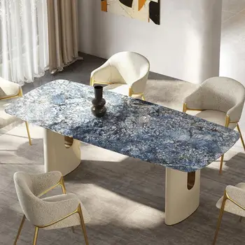 Italyan Dikdörtgen yemek masası Mavi Doku Kaya Paneli Masa İstikrarlı masa üstü çerçeve Yuvarlak Köşe Lüks Yemek odası takımları