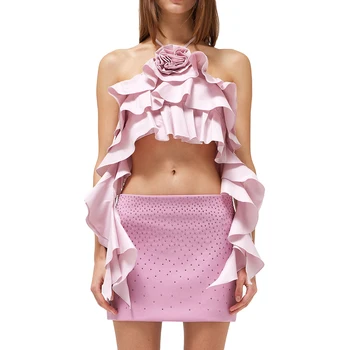 2023 Yeni Yaz Moda Sıcak Satış kadın Halter Mahsul Cami Üstleri Kolsuz Backless 3D Rozet Katmanlı Fırfır Kaşkorse Yelek Üstleri