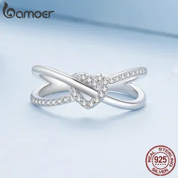 Bamoer Katı 925 Ayar Gümüş Geometrik bükümlü halka Çift Katmanlı Düğüm Kalp Düğüm Yüzük Nişan Güzel Takı Hediye Kadınlar için