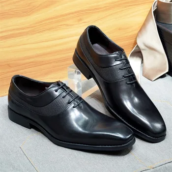 Klasik erkek Elbise deri ayakkabı El Yapımı İnek Derisi Düz Ayak Tasarımcı Lace Up Oxford Ayakkabı Ofis Düğün Erkek Takım Elbise Resmi Ayakkabı