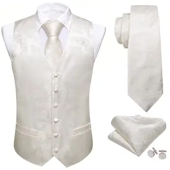 Tasarımcı yeleği Erkekler ıçin Ipek Işlemeli Fildişi Beyaz Paisley Slim Fit Yelek Kravat Seti Düğün Iş Erkek Takım Elbise Barry Wang