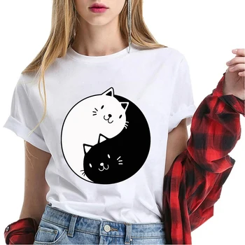 Unisex %100 % Pamuk Taichi Kedi Yinyang Kung Fu Sevimli Komik Kedi Sevgilisi kadın Kısa Kollu Yenilik T-Shirt Mizah Yumuşak Tee Harajuku
