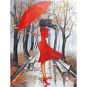 Yeni DİY El Yapımı Elmas Boyama 5D Şemsiye Kız Elmas Nakış Mozaik Sanatı Kırmızı Elbise Güzellik Asılı Resim