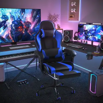 Lacoo PU Deri oyun sandalyesi Masaj Ergonomik oyuncu sandalyesi Yüksekliği Ayarlanabilir bilgisayar ayak dayayacaklı sandalye ve Bel Desteği, Mavi