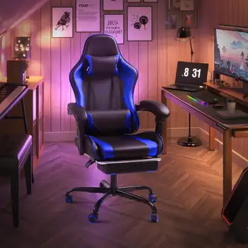 Lacoo PU Deri oyun sandalyesi Masaj Ergonomik oyuncu sandalyesi Yüksekliği Ayarlanabilir bilgisayar ayak dayayacaklı sandalye ve Bel Desteği, Mavi