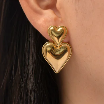 Lüks Moda Çift Kalp Şeklinde Küpe Paslanmaz Çelik Altın Kaplama Pürüzsüz Aşk Titanyum Damla Küpe Kadınlar İçin