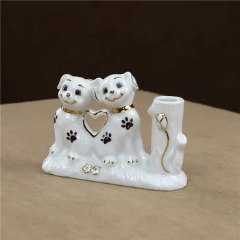 Porselen Çift Köpek kalemlik Dekoratif Seramik Kitty Kalem masaüstü standı Organizatör Kırtasiye Süs Güvercin Zanaat Yunus