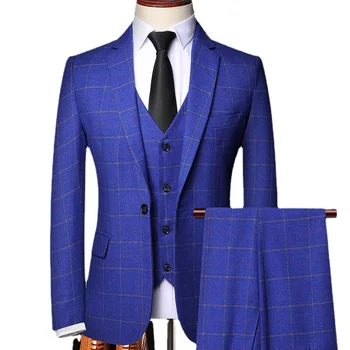 (Ceket + Yelek + Pantolon)marka giyim Erkekler Yüksek Kaliteli pamuk iş üç parçalı takım elbise / Erkek ince ekose damat elbise Blazers S-6XL