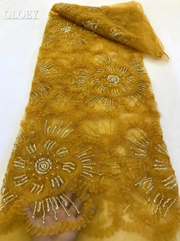 2023 Moda Zarif Fransız Çiçek Nakış Boncuklu Dantel Kumaş Afrika Nijeryalı Sequins Kumaş düğün elbisesi