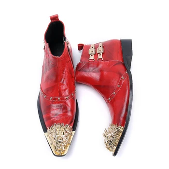 Orijinal Erkek Ziyafet Metal Dekorasyon Sivri Burun Ayakkabı Parti Fermuar Perçin Kısa çizmeler Balo Hakiki Deri kovboy çizmeleri