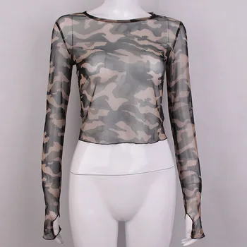 Kadın Giyim Rahat Uzun Kollu Yaz Kırpma Üstleri Askeri Tarzı Giysiler Kadın Kamuflaj Buz İpek Güneş Koruyucu Bluz T-shirt