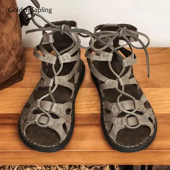 Altın Fidan Yaz erkek Sandalet Hakiki Deri Gladyatör Moda plaj ayakkabısı Erkekler Retro Flats Nefes Sandal Chaussures