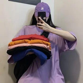 MİNGLİUSİLİ Katı Renkler T Shirt Kadınlar için 2023 Yaz Kore Moda Kısa Kollu Büyük Boy Rahat Gevşek Kadın Giysileri