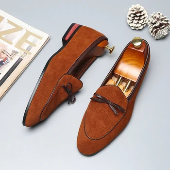 Inek Süet Loafer'lar Erkekler için İlmek Yuvarlak Ayak Slip-On Moda İş El Yapımı erkek ayakkabıları Ücretsiz Kargo
