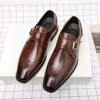Erkek mokasen ayakkabıları Ayakkabı Kahverengi Siyah Düşük Topuk Kare Ayak Nefes Klasik Iş Toka Kayış Erkek Elbise Ayakkabı Boyutu 38-48