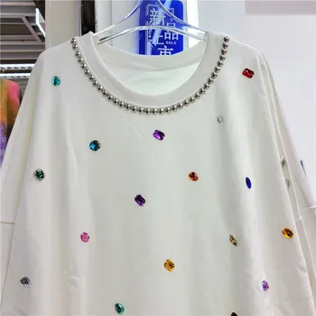 Boşta Stil Gevşek Yuvarlak Boyun Kazak Ceket Kadınlar için 2023 Yeni Sonbahar Ağır El Yapımı Elmas Kazak Hoodies Ceket Üst Femme