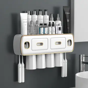 Duvara Monte Diş Fırçası Tutucu Banyo Organizatör Depolama Seti Otomatik Diş Macunu Sıkacağı Fırça Diş Fincan Banyo Aksesuarları