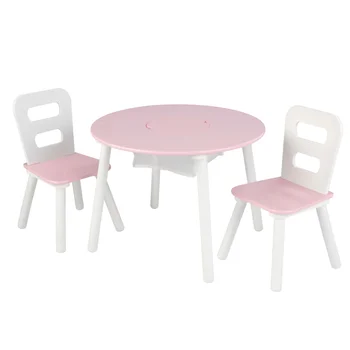 Ahşap Çocuk Yuvarlak Depolama Masası ve 2 Sandalye Seti, Pembe ve Beyaz