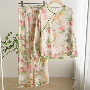 Baskı Çiçek Pijama Pijama Takım Elbise Yeni Bahar Yaz Kıyafeti Kadın Pijama Çin Tarzı Pantolon Rahat İpek Saten Ev Giyim