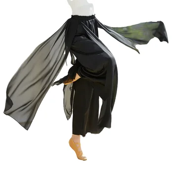Kadın Klasik Dans Culottes Pantolon 2 Katmanlar Şifon Saten Flowy Etek Vücut Kafiye Pantolon Gevşek Uzun Tasarım Halk Yangko Giyim
