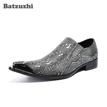 Batzuzhi İtalyan Tarzı erkek ayakkabısı Sivri Demir Ayak Lüks deri ayakkabı Erkekler üzerinde Kayma Gümüş / Altın Deri Elbise Ayakkabı Erkekler Resmi