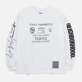 MAHALLE X Yohji Yamamoto Ortak marka erkek Uzun Kollu T-shirt 2023 Sonbahar Japon NBHD İmza LOGO Baskı Casual Tops