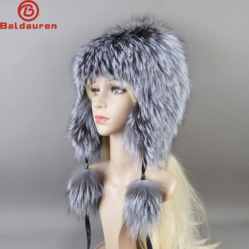 Lüks Kadın Doğal Tilki Kürk Şapka Gerçek Kürk Kasketleri Kap örgü şapkalar Rus Marka Moda Kış Sıcak Bayan Kap Gümüş Tilki Kürk Şapka