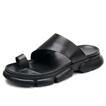 Tasarım ayakkabı Erkekler yazlık terlik Erkek Flip Flop-Moda Deri Slip-On Sandalet Rahat yüksek kalite hakiki deri