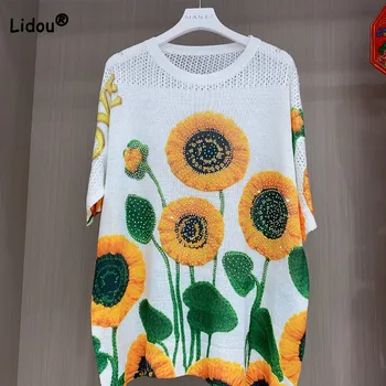 Vintage Gevşek kadın Çiçek baskılı tişört Yaz Yeni Kadın Giyim Moda Zarif Yuvarlak Boyun Yarım Kollu Kazaklar Tops