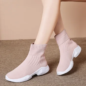 Yeni Stil kadın Çorap Ayakkabı Nefes Ve Rahat Yüksek top Düz Ayakkabı Streç Kumaş Slip-on Rahat kadın ayakkabısı