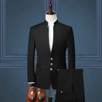 JELTONEWİN 2021 Yeni Tasarım Siyah Erkekler Düğün Takımları Altın Düğmeler Standı Yaka Slim Fit Damat Smokin Erkek Elbise En İyi Erkek Blazer