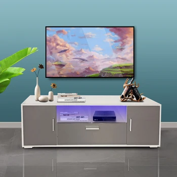 LED ışıkları ile Beyaz gri Modern TV standı Yüksek parlak Ön TV Dolabı 20 Dakika Hızlı montaj [US-W]