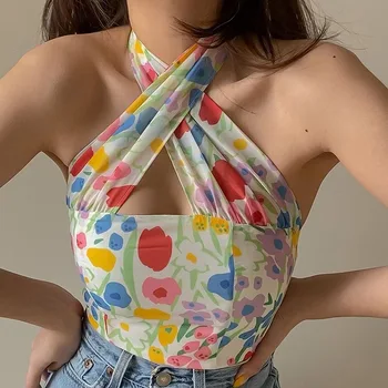 Moda Çiçek Baskılı V Yaka Halter Y2k Cottagecore Tankı Üstleri Yelek Yaz Seksi Bandaj Kadın Giyim Tüm Maç Streetwear 2021