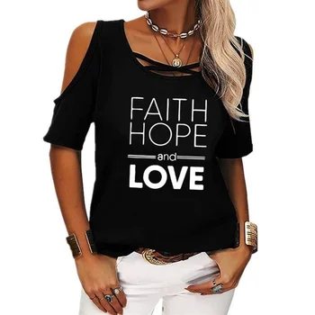İnanç Umut Aşk Yaz 2022 Örgü kısa kollu t-shirt Üst Off-Omuz İçi Boş Seksi Tasarım Tees Kadınlar İçin Sokak Partisi Clubwear