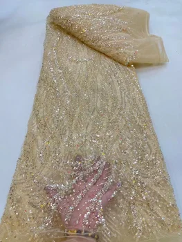 5 Yards Afrika Net Dantel payetli kumaş Yüksek Kaliteli Fransız Boncuklu Tül Dantel Nijerya Gipür Malzeme düğün elbisesi