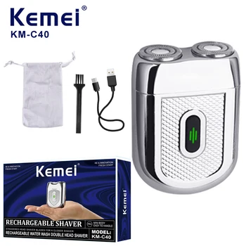 Kemei KM - C40 Elektrikli Su Geçirmez Tıraş Makinesi Erkekler İçin USB Şarj Edilebilir Taşınabilir Döner Çift kafa Tıraş Makinesi Mini cep tıraş makinesi