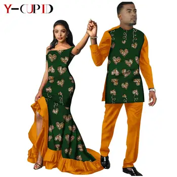 Afrika Baskı Uzun Elbiseler Eşleşen Kadınlar için Çift Kıyafetler Dashiki Erkekler Üst ve pantolon Setleri Bazin Riche Düğün Vestidos S20C009